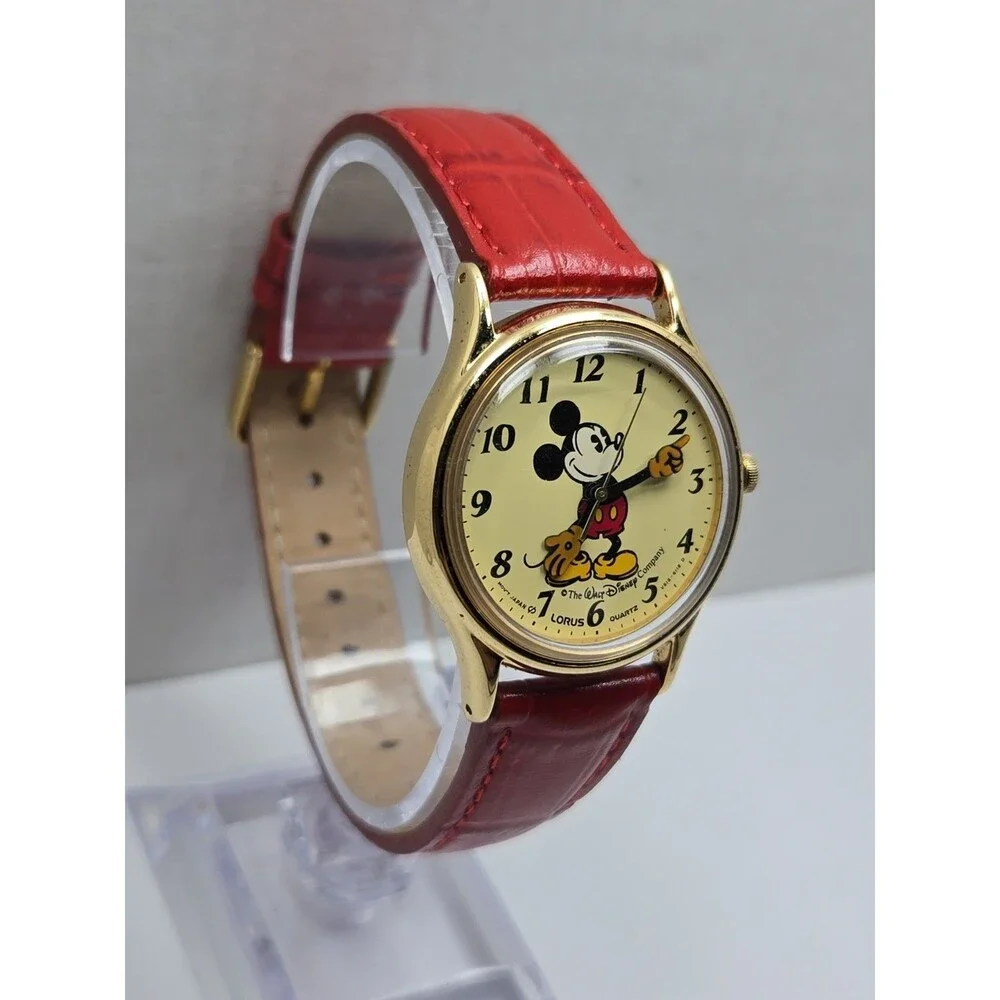 Vintage Lorus Disney Mickey Mouse Gold Tone Quartz Watch Leather 80s New Battery